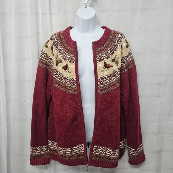 Croft & Barrow Red Cardinal Fair Isle Cardigan Zip Preppy Collegiate XL - Picture 3 of 13